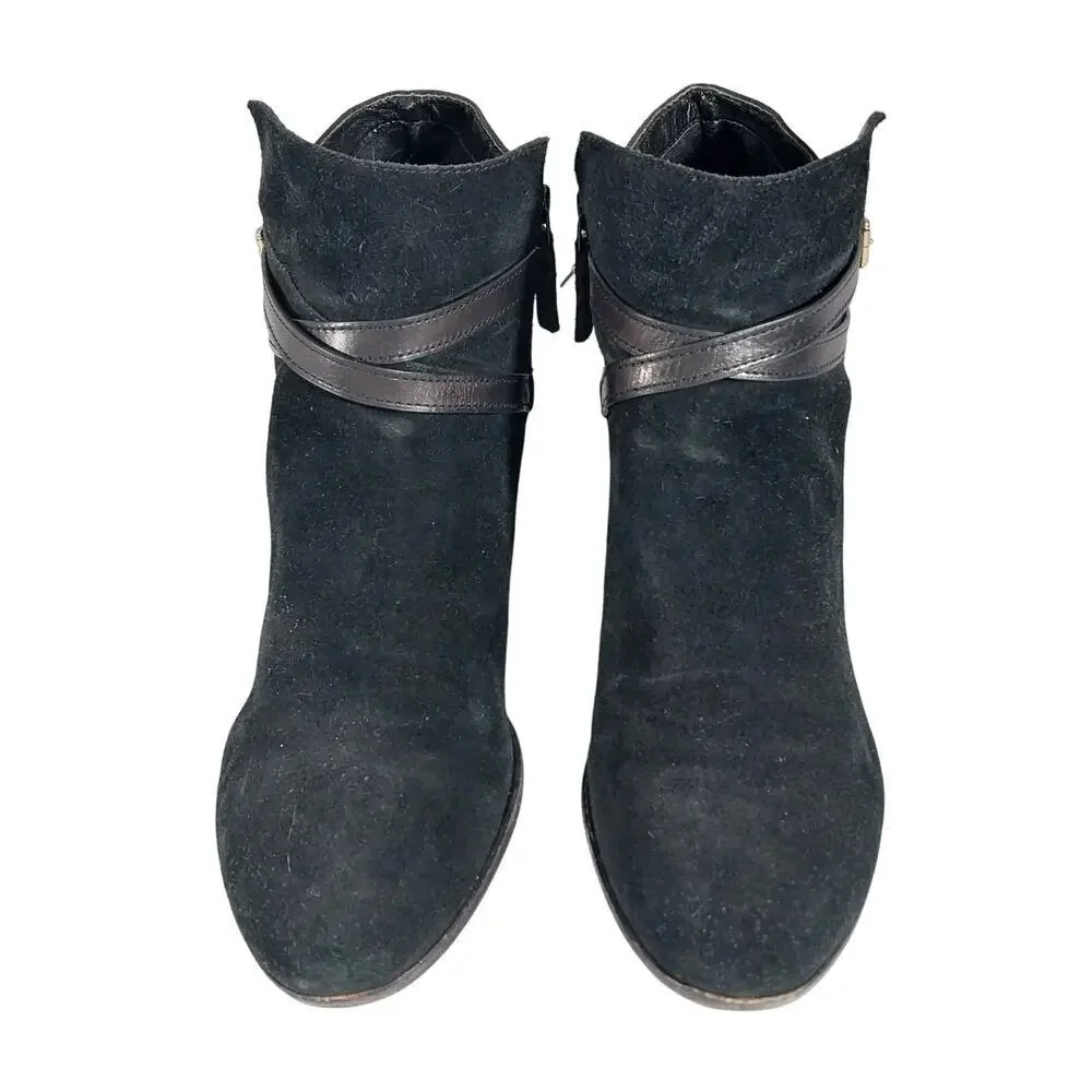 COLE HAAN! BLACK GENUINE SUEDE LEATHER CRISS-CROSS, CHUNKY ANKLE BOOTS! SZ 10B